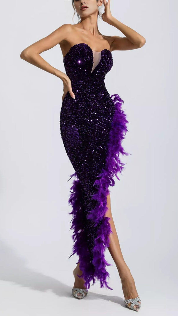 AIIZIE PURPLE SEQUIN FEATHER DRESS - product image