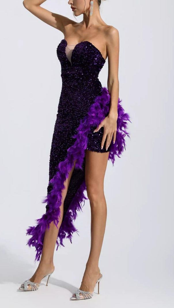 AIIZIE PURPLE SEQUIN FEATHER DRESS - product image