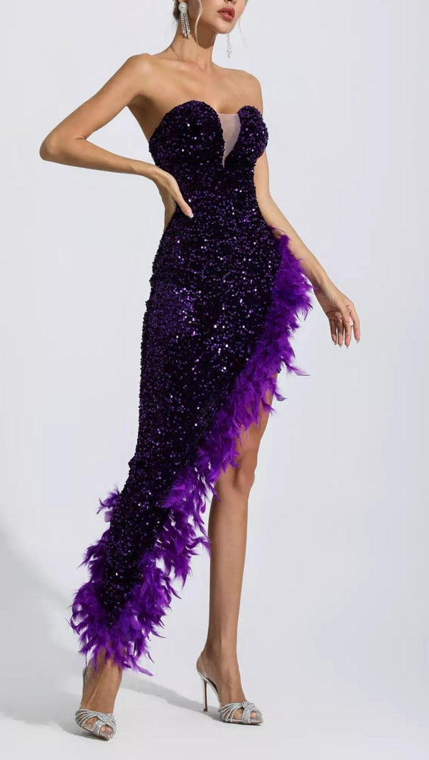 AIIZIE PURPLE SEQUIN FEATHER DRESS - product image