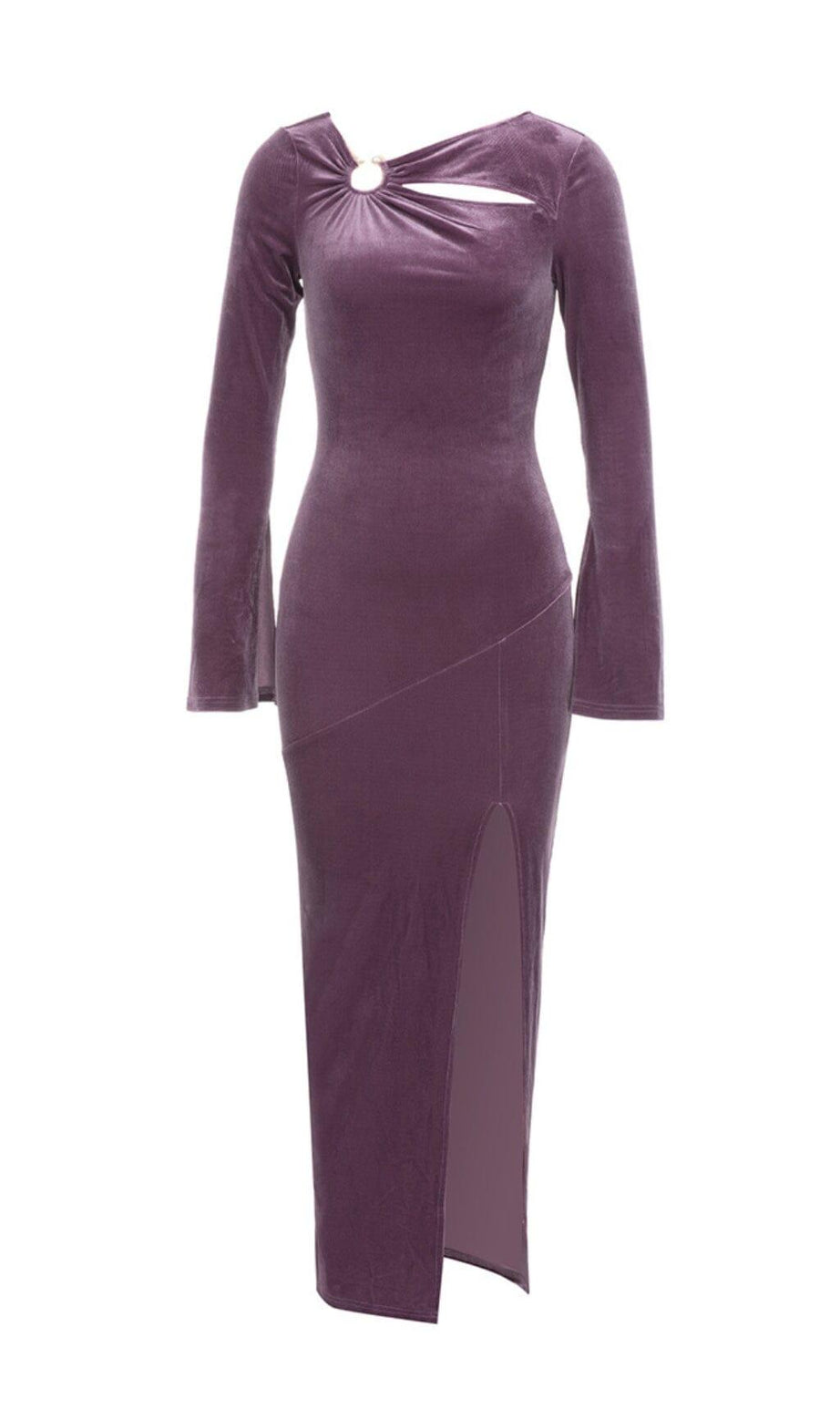 LILA DÜNNES TROMPETENKLEID MIT LANGEN ÄRMELN UND SCHMALEM SCHLITZ