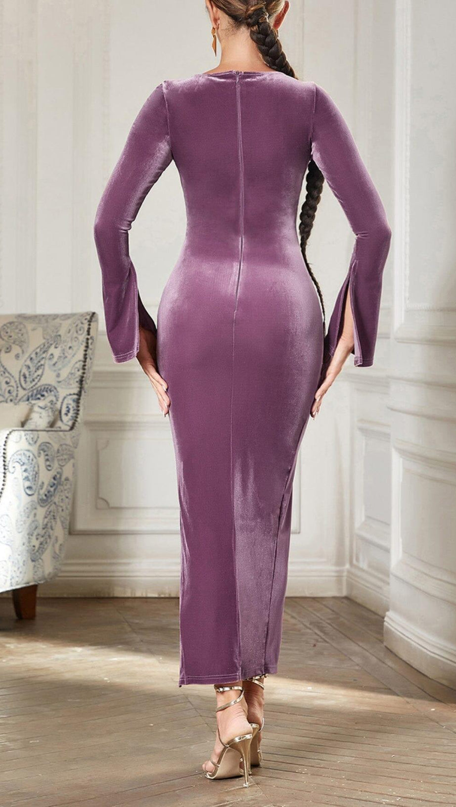 PURPLE THIN TRUMPET LONG-SLEEVED SLIM SLIT DRESS