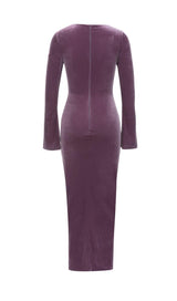 PURPLE THIN TRUMPET LONG-SLEEVED SLIM SLIT DRESS