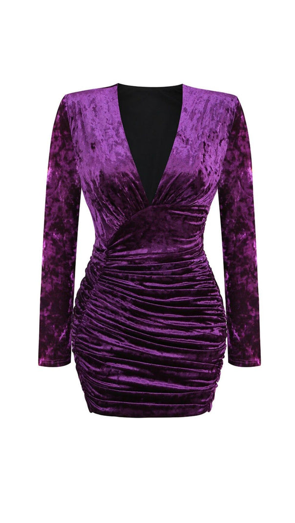 AIIZIE PURPLE V NECK RUCHED VELVET MINI DRESS - product image