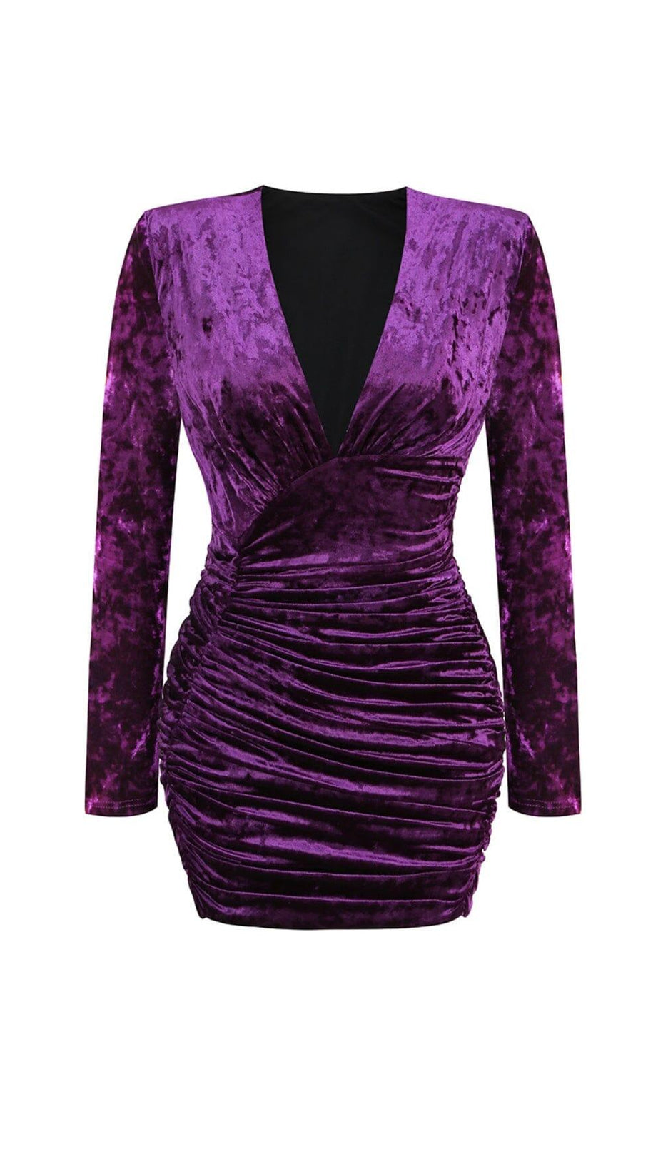 PURPLE V NECK RUCHED VELVET MINI DRESS
