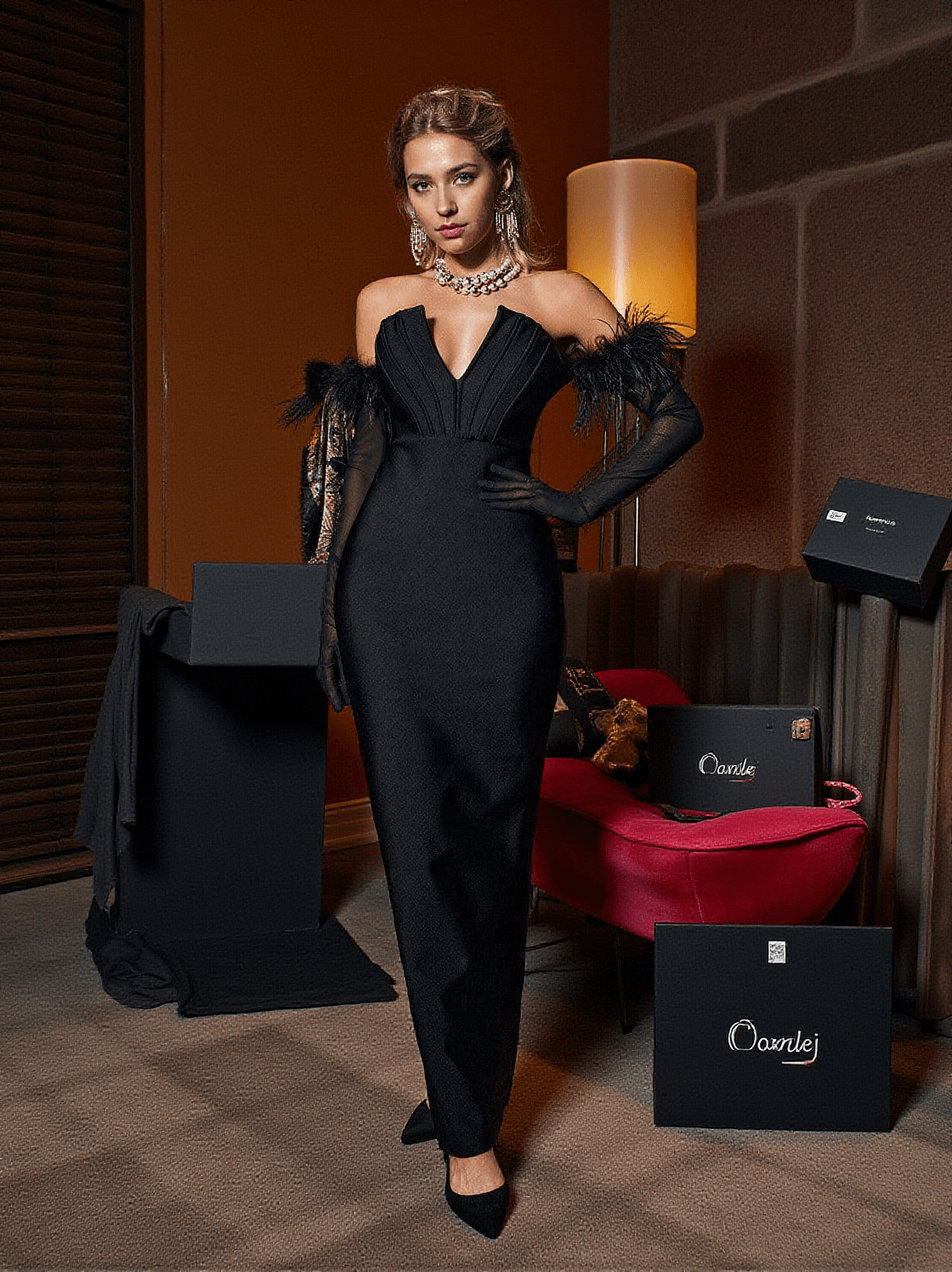 ABITO LUNGO NERO CON SPALLE SCOPERTE E BORDI IN PIUME BLANCHE