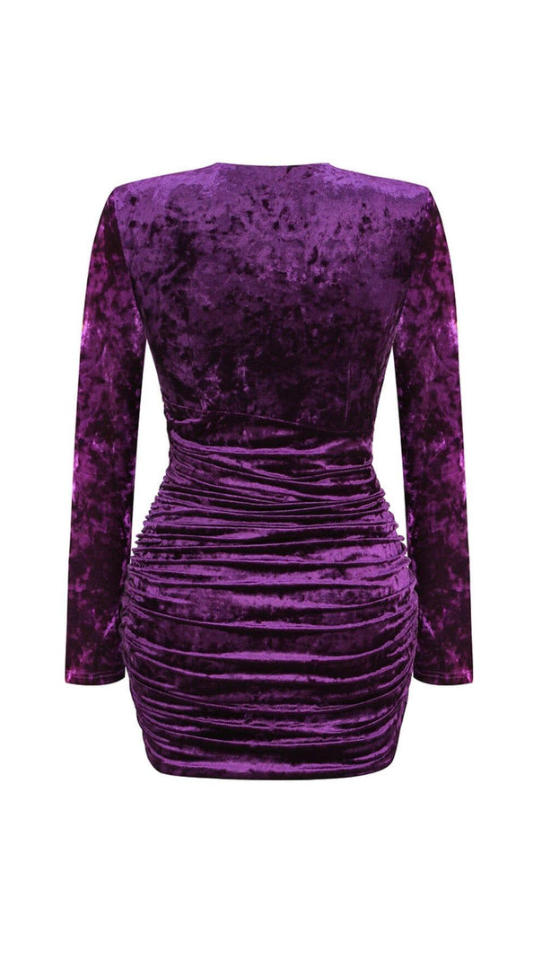 AIIZIE PURPLE V NECK RUCHED VELVET MINI DRESS - product image