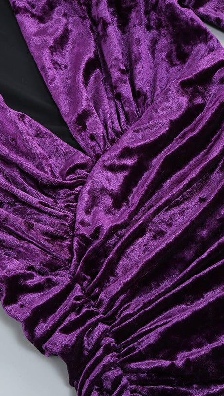 PURPLE V NECK RUCHED VELVET MINI DRESS