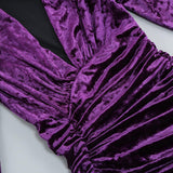 PURPLE V NECK RUCHED VELVET MINI DRESS