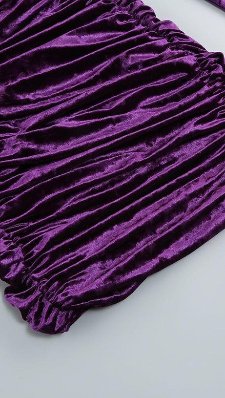 PURPLE V NECK RUCHED VELVET MINI DRESS