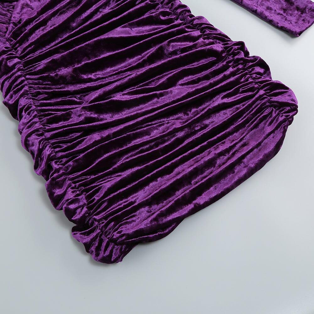 AIIZIE PURPLE V NECK RUCHED VELVET MINI DRESS - product image