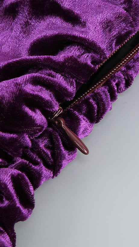PURPLE V NECK RUCHED VELVET MINI DRESS
