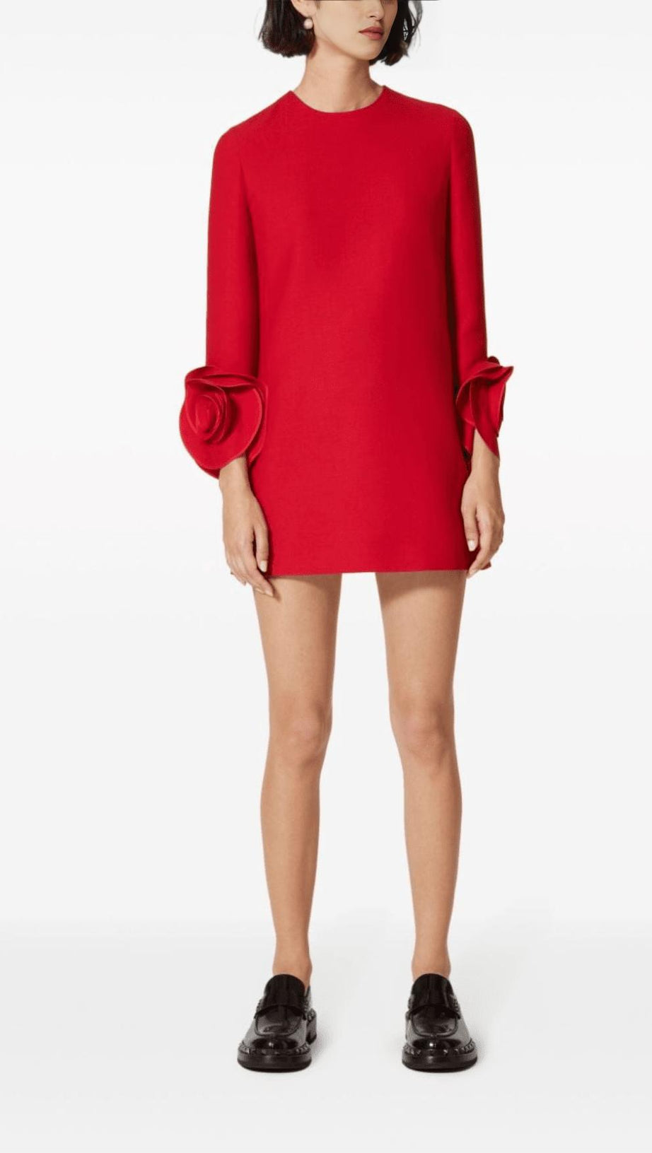 RED 3D FLORAL CREPE MINI DRESS