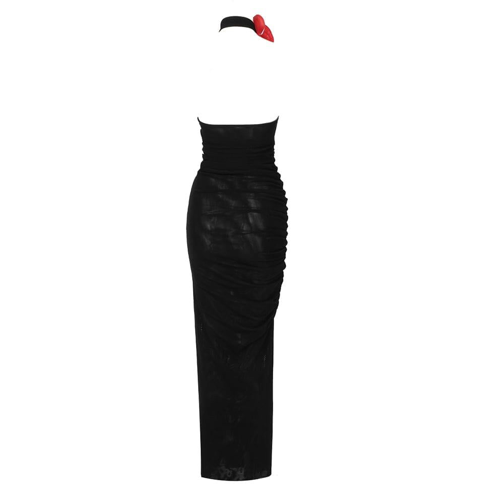 Neckholder-Netz-Maxikleid in Schwarz 