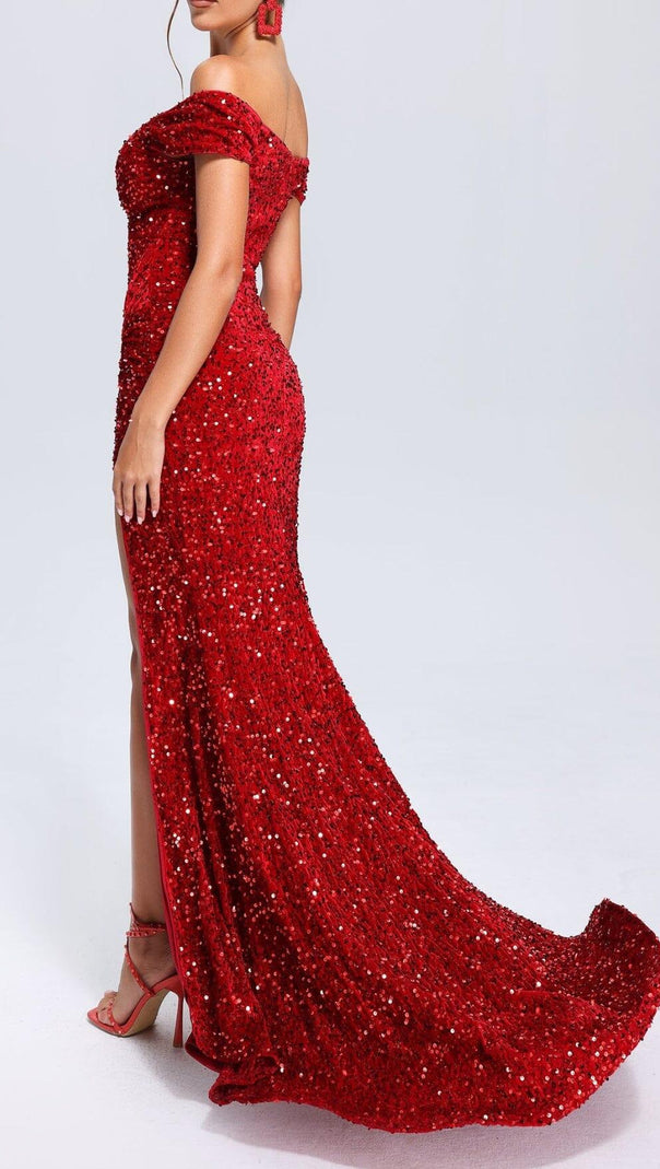 AIIZIE RED OFF-SHOULDER SEQUIN DRESS - product image