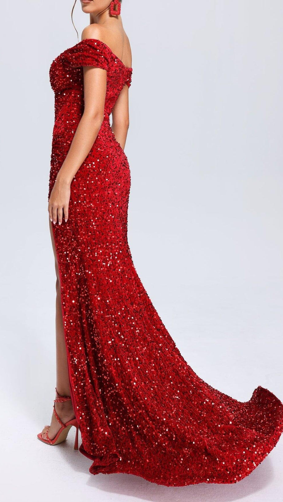 RED OFF-SHOULDER SEQUIN DRESS