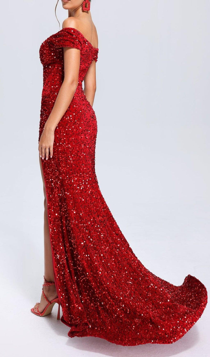 RED OFF-SHOULDER SEQUIN DRESS