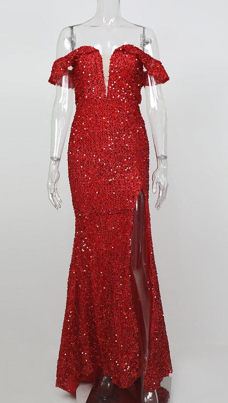 RED OFF-SHOULDER SEQUIN DRESS