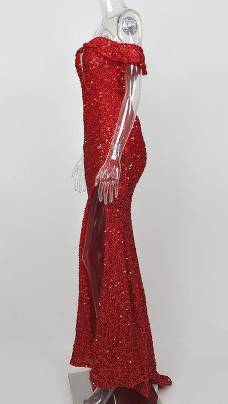 RED OFF-SHOULDER SEQUIN DRESS