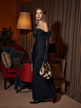 Blanche Off Shoulder Feather Trimmed Maxi Dress In Black