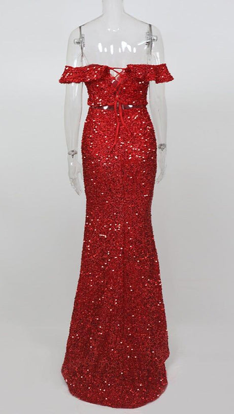 RED OFF-SHOULDER SEQUIN DRESS