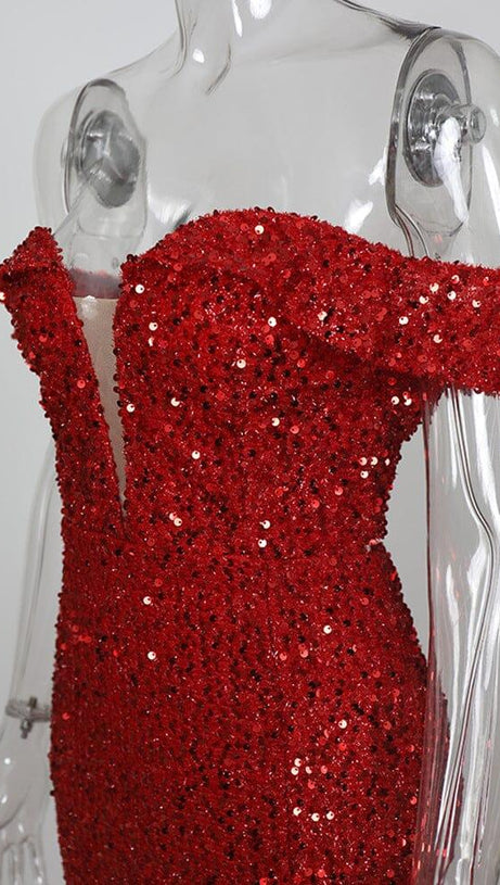 RED OFF-SHOULDER SEQUIN DRESS