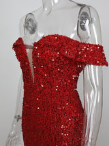 RED OFF-SHOULDER SEQUIN DRESS