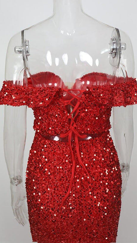 RED OFF-SHOULDER SEQUIN DRESS