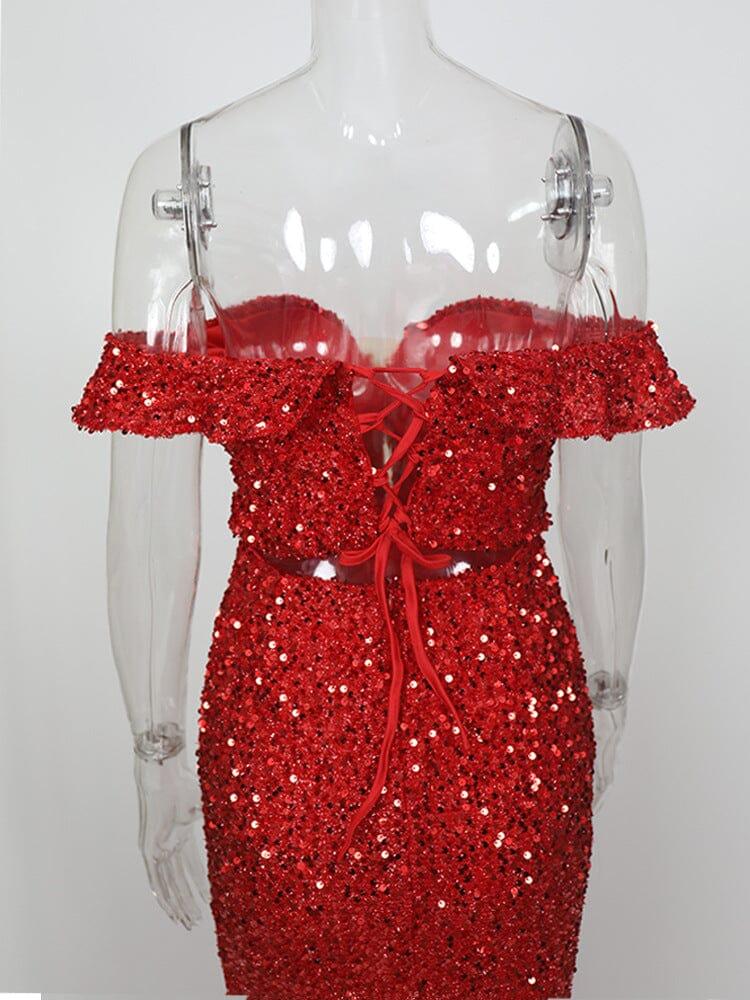 AIIZIE RED OFF-SHOULDER SEQUIN DRESS - product image