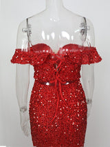 RED OFF-SHOULDER SEQUIN DRESS