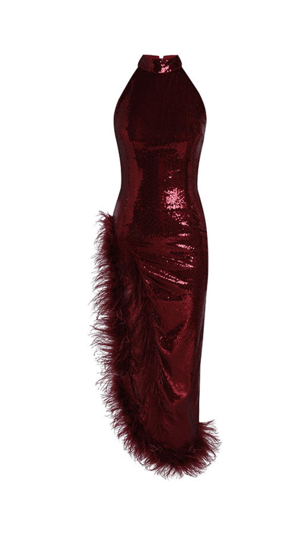 AIIZIE RED SLIT SEQUIN FEATHER MAXI DRESS - product image