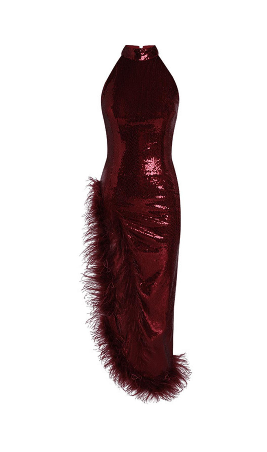 ABITO LUNGO CON PIUME E PAILLETTES ROSSE CON SPACCHI