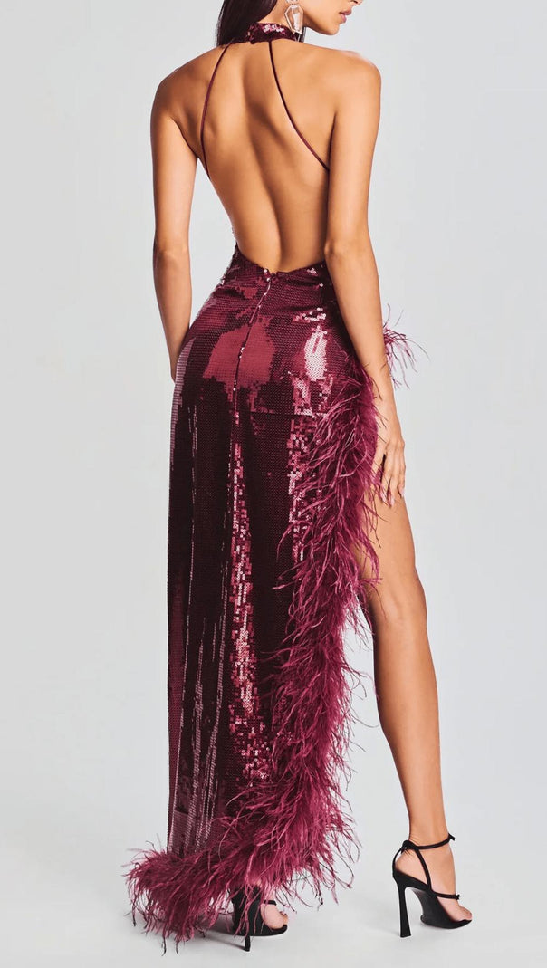 AIIZIE RED SLIT SEQUIN FEATHER MAXI DRESS - product image