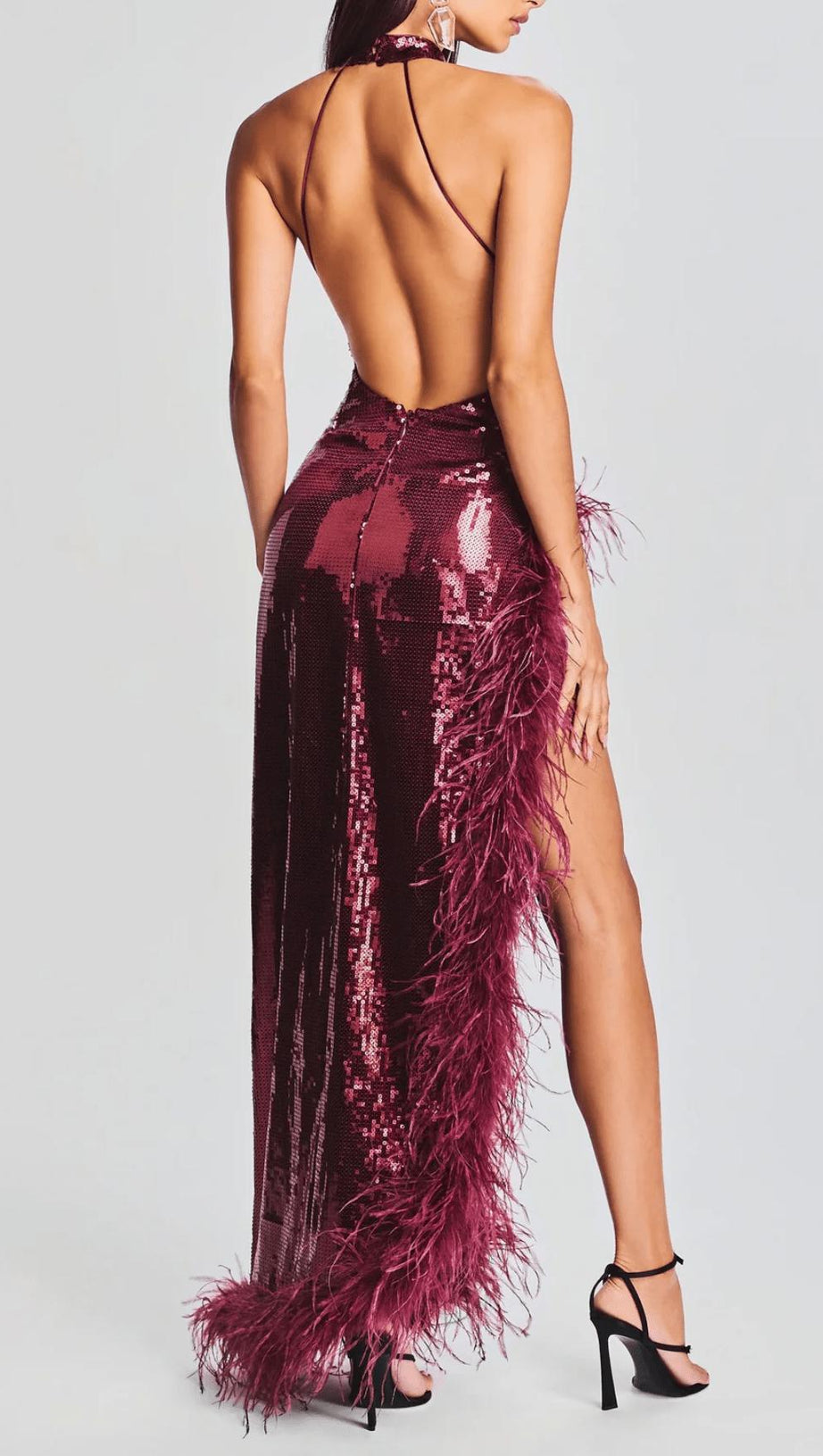 RED SLIT SEQUIN FEATHER MAXI DRESS