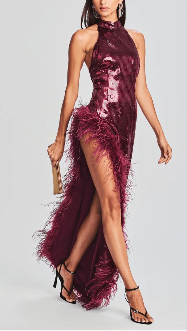 AIIZIE RED SLIT SEQUIN FEATHER MAXI DRESS - product image