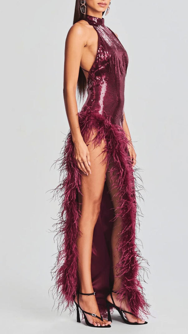 AIIZIE RED SLIT SEQUIN FEATHER MAXI DRESS - product image
