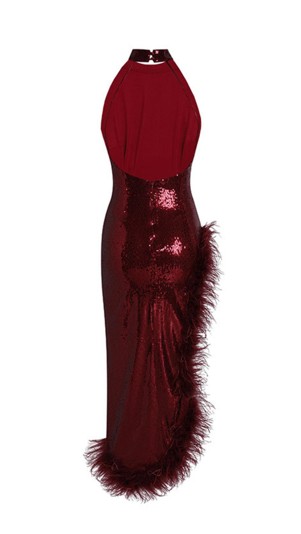 AIIZIE RED SLIT SEQUIN FEATHER MAXI DRESS - product image