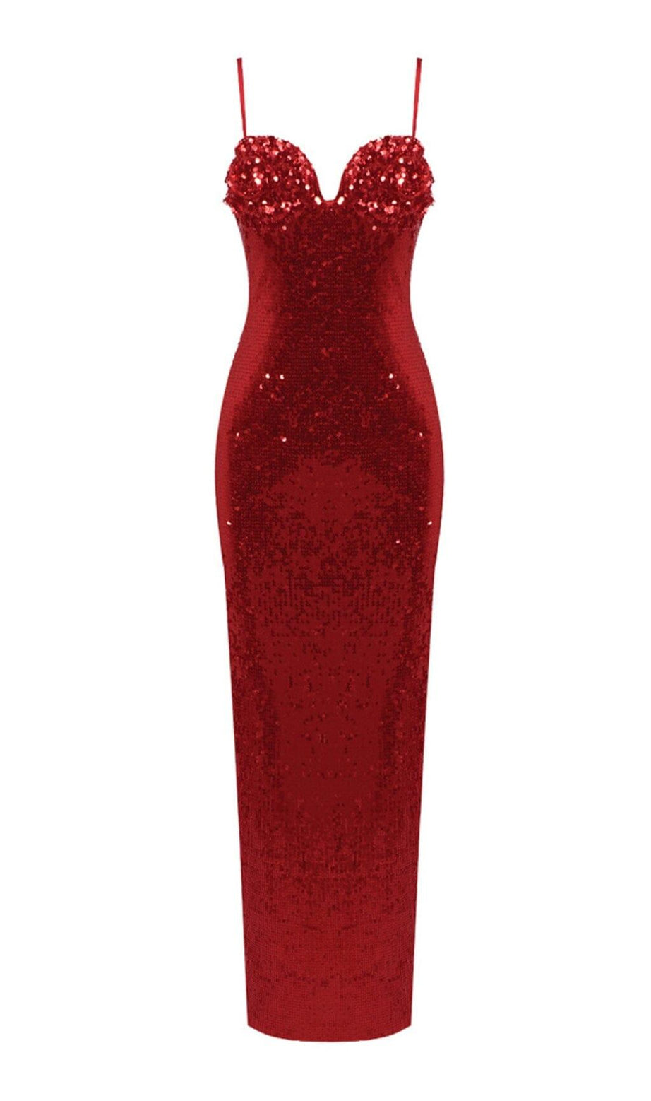 ABITO LUNGO CON SOTTOVESTE ROSSO, PAILLETTES E FIORI