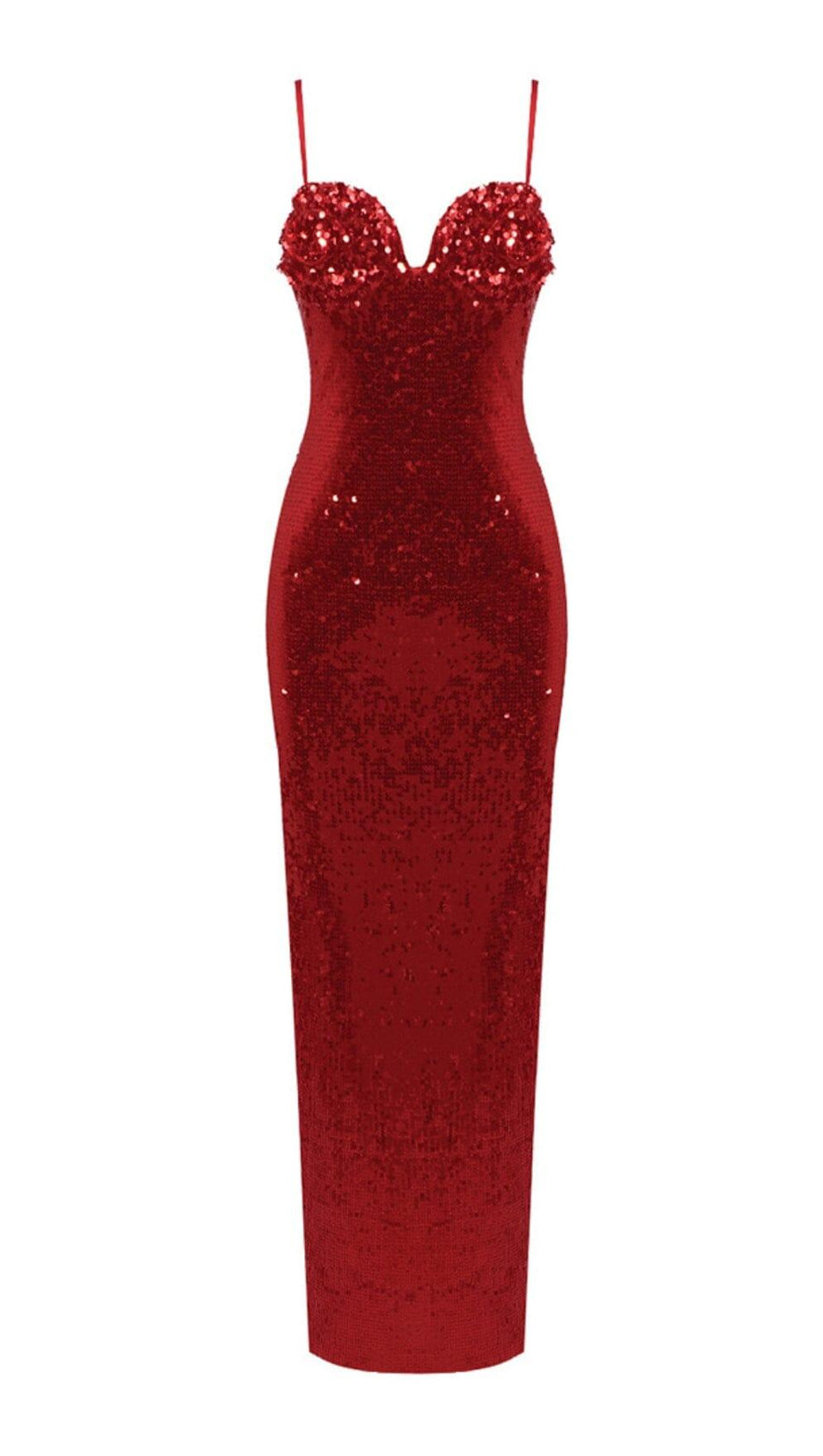 ABITO LUNGO CON SOTTOVESTE ROSSO, PAILLETTES E FIORI
