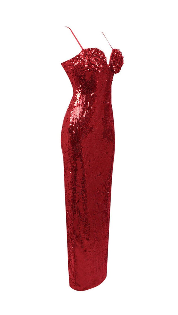 AIIZIE RED STRAPPY FLOWER SEQUIN SLIP MAXI DRESS - product image