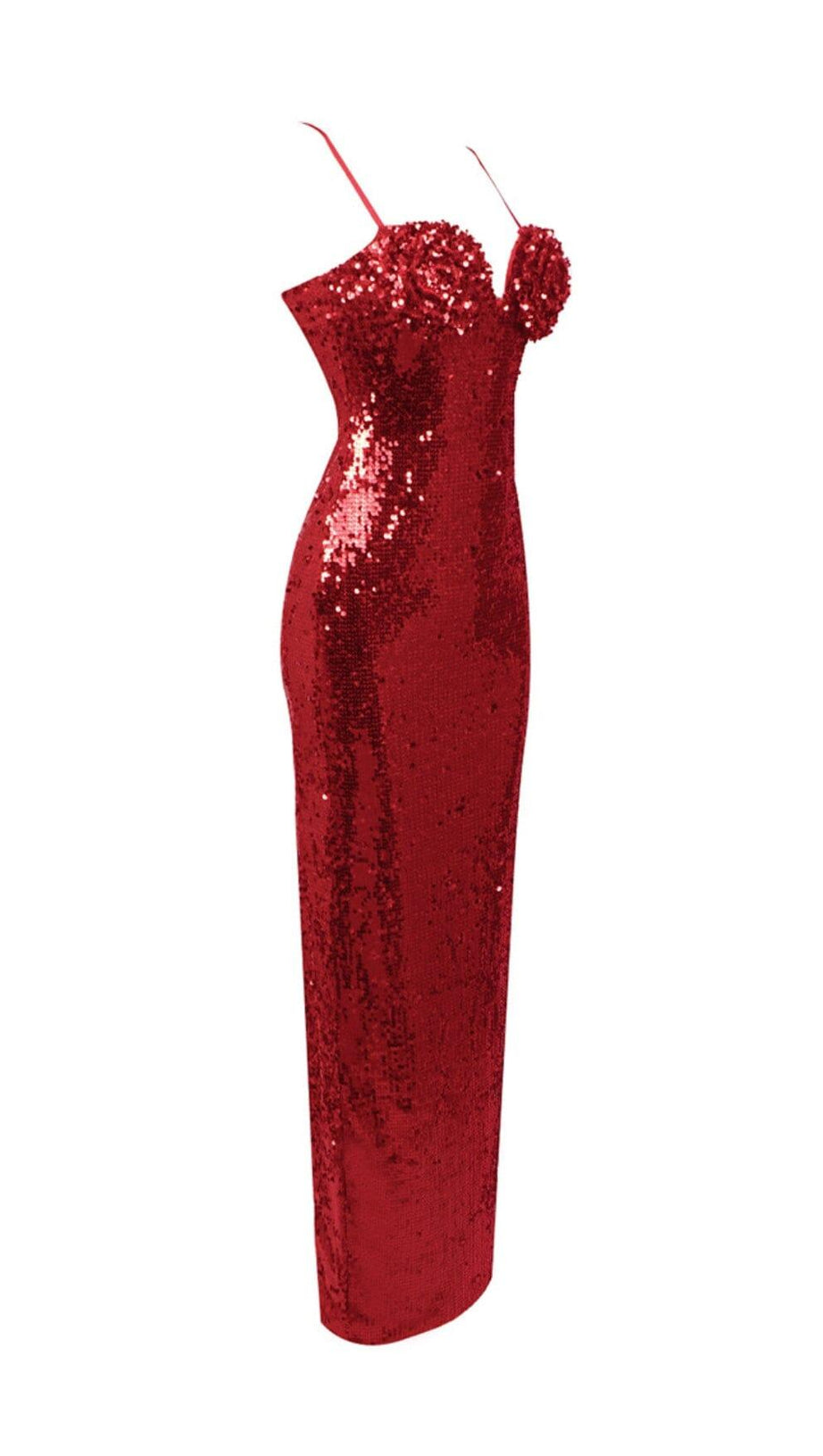 ABITO LUNGO CON SOTTOVESTE ROSSO, PAILLETTES E FIORI