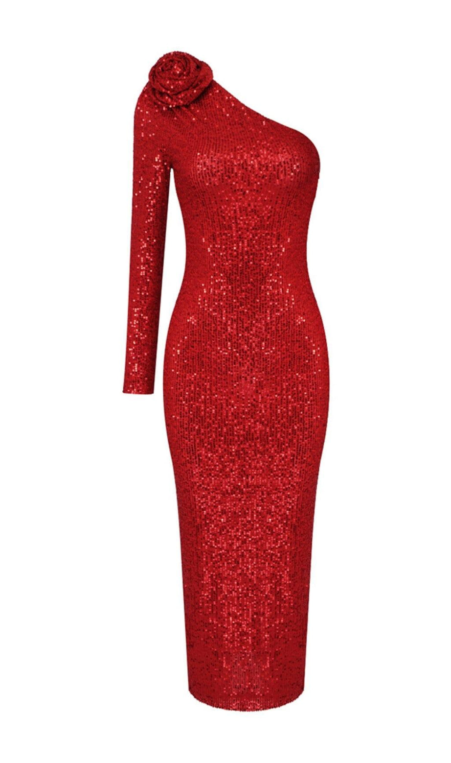 ABITO ELASTICIZZATO ROSSO TRIDIMENSIONALE CON MONOSPALLA, FLOREALE E PAILLETTES