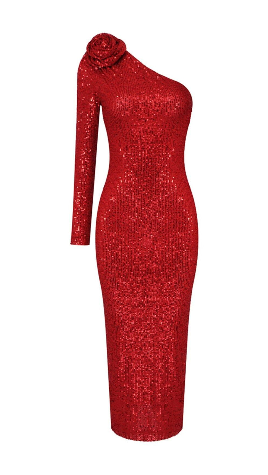 RED THREE-DIMENSIONAL ONE-SHOULDER FLORAL SEQUINED STRETCH DRESS