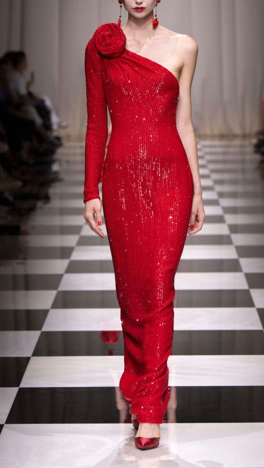 RED THREE-DIMENSIONAL ONE-SHOULDER FLORAL SEQUINED STRETCH DRESS