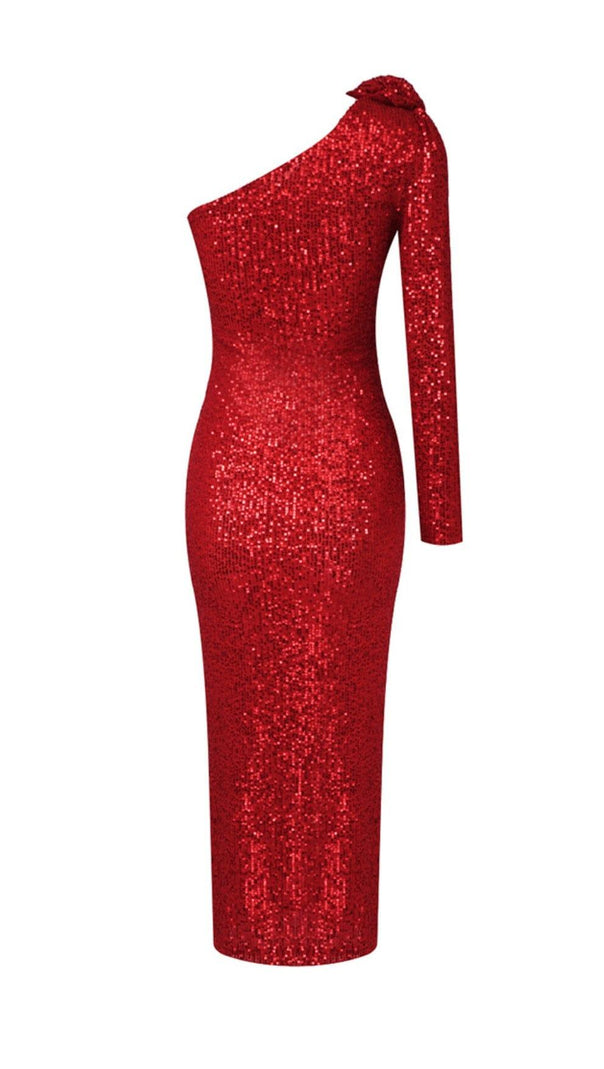 AIIZIE RED THREE-DIMENSIONAL ONE-SHOULDER FLORAL SEQUINED STRETCH DRESS - product image