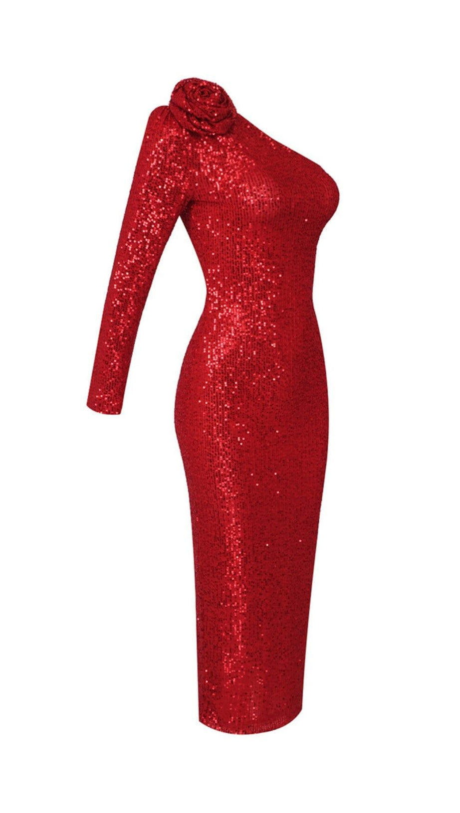 RED THREE-DIMENSIONAL ONE-SHOULDER FLORAL SEQUINED STRETCH DRESS