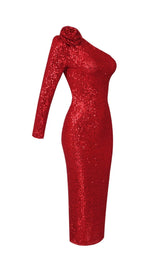 RED THREE-DIMENSIONAL ONE-SHOULDER FLORAL SEQUINED STRETCH DRESS