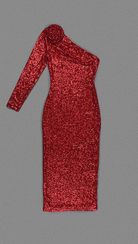 RED THREE-DIMENSIONAL ONE-SHOULDER FLORAL SEQUINED STRETCH DRESS