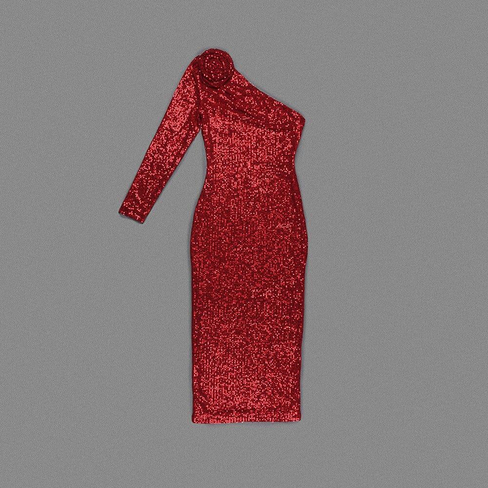 AIIZIE RED THREE-DIMENSIONAL ONE-SHOULDER FLORAL SEQUINED STRETCH DRESS - product image