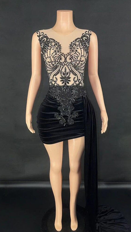 RHINESTONE DRAPED VELVET DRESS IN BLACK