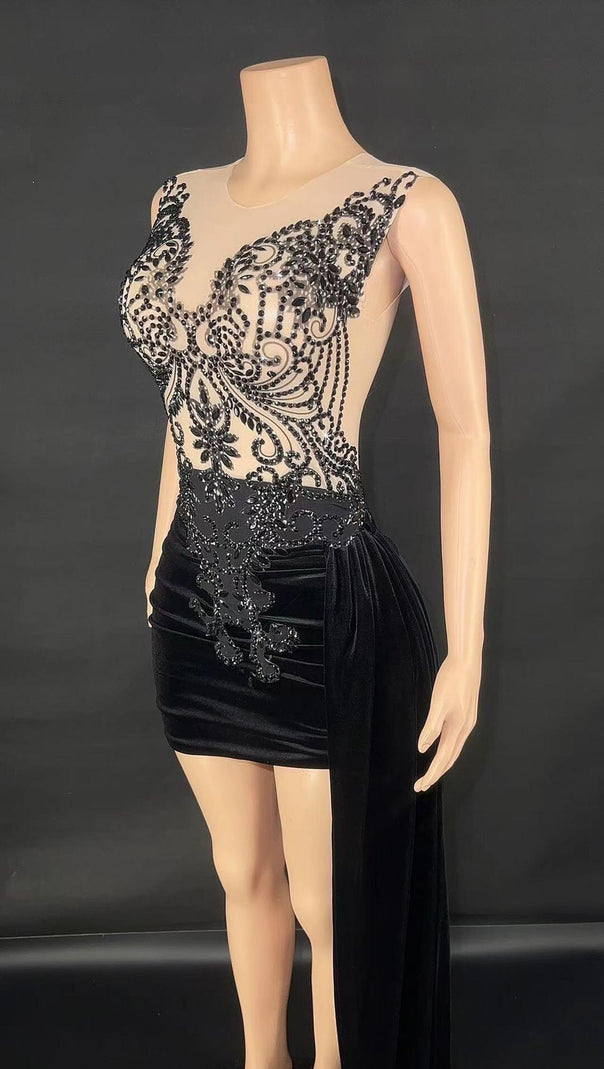 AIIZIE RHINESTONE DRAPED VELVET DRESS IN BLACK - product image